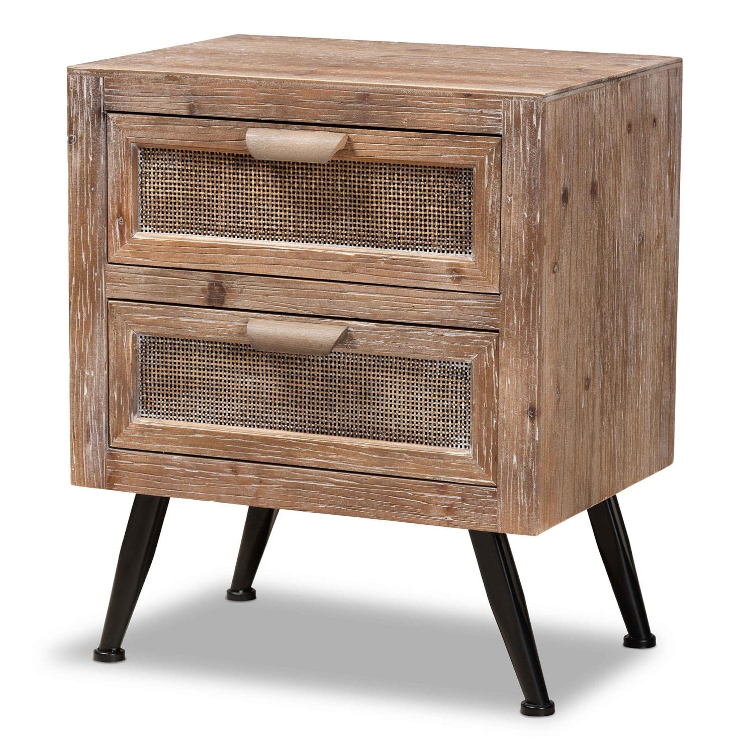 Baxton Studio Calida Mid-Century Modern Whitewashed Natural Brown Finished Wood and Rattan 2-Drawer Nightstand